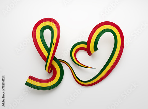 3d Flag Of Ghana Heart Shape Shiny Wavy Awareness Ribbon Flag On White Background 3d Illustration
