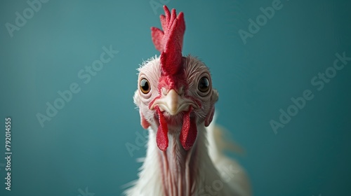 White rooster on a blue background. Close-up. Studio shot. photo