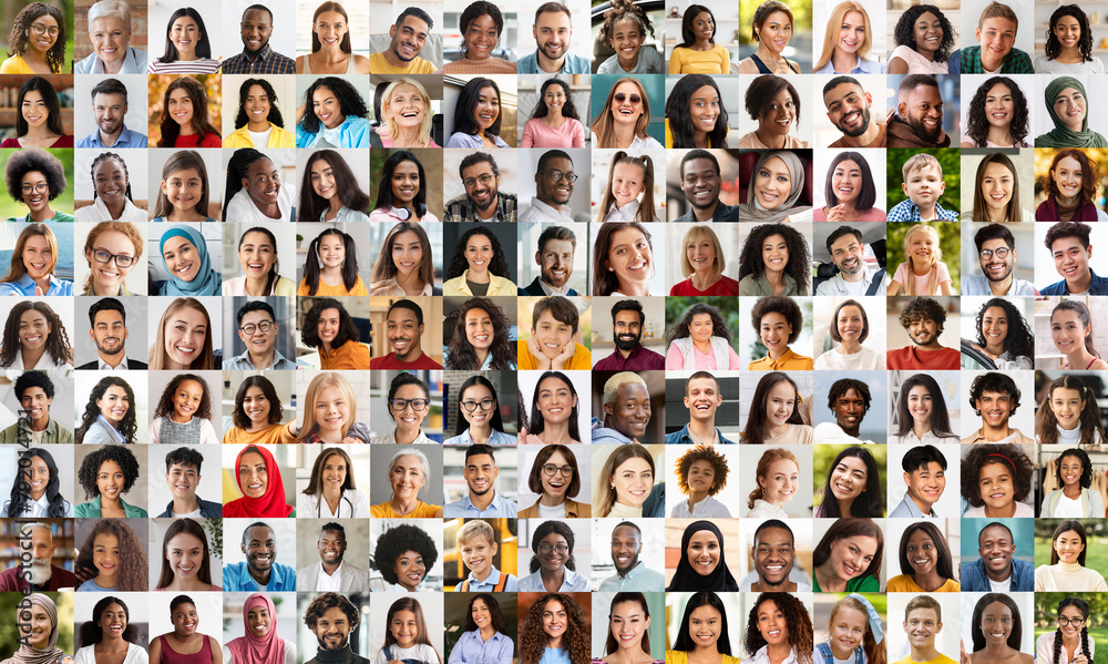 Unified diverse happy people portrait collage blurred - obrazy, fototapety, plakaty 