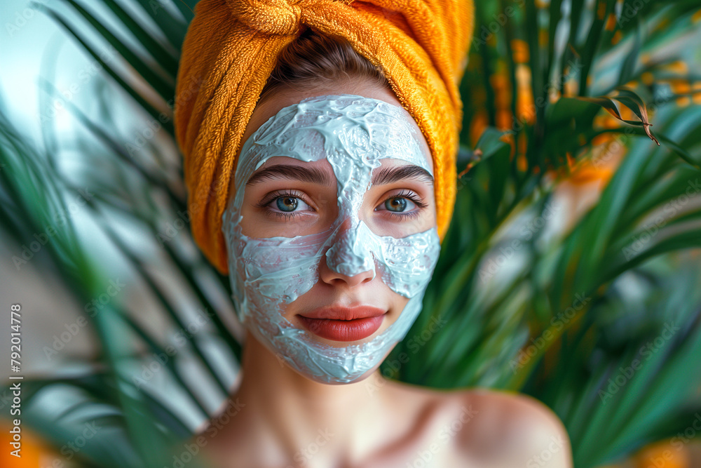 Beautiful woman with blue white cream mask applied to the face skin, home and professional skin care concept. Copy space Beautiful woman with blue white cream mask applied to the face skin, home and professional skin care concept. Copy space