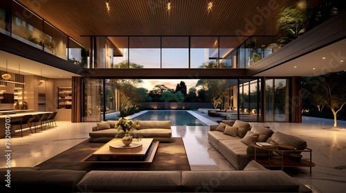 3D rendering of a modern and luxurious living room with swimming pool