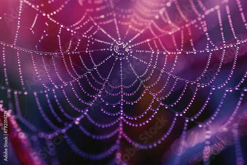 Dew on spider web against a gradient background. Macro shot with copy space. Nature and wildlife concept © Alexey