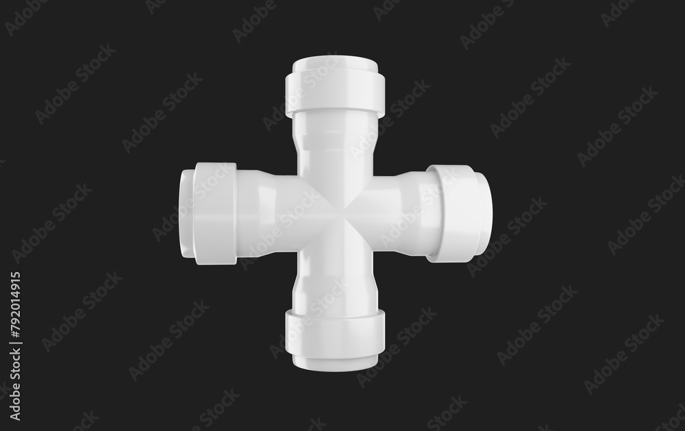 3D White PVC Four-Way Pipe Connector Making Plus Sign Shape On Black Background 3D Illustration 3D White PVC Four-Way Pipe Connector Making Plus Sign Shape On Black Background 3D Illustration
