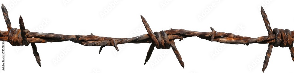 Close-up of a rusty barbed wire segment isolated on a white background symbolizing barrier and protection. Close-up of a rusty barbed wire segment isolated on a white background symbolizing barrier and protection.