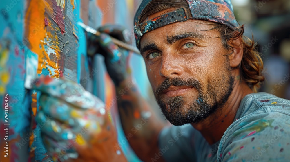 A man with a beard and a baseball cap is painting a mural on a wall.