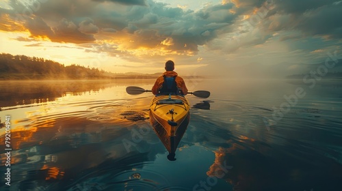 A man paddles a kayak on a misty lake at sunrise.