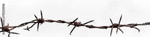 Close-up of a rusty barbed wire segment isolated on a white background symbolizing barrier and protection.