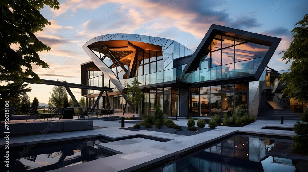 Modern office building exterior at sunset, panoramic view. 3D rendering