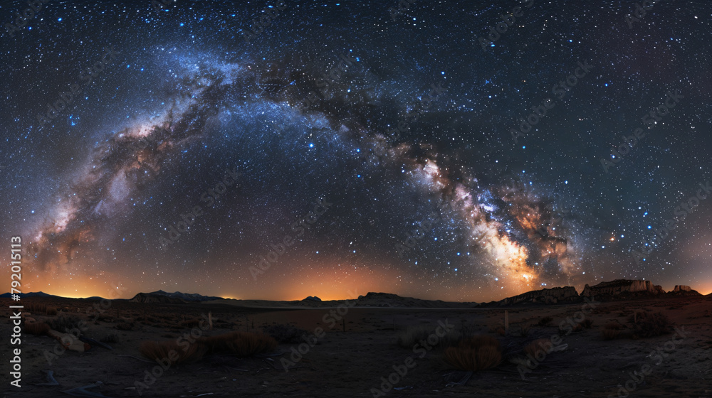 Panoramic view of Milky Way over desert landscape at night. Astrophotography with natural terrain features