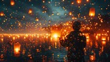 A person is holding a lantern. There are thousands of lanterns floating on a lake. The lanterns are lit up and the sky is dark.