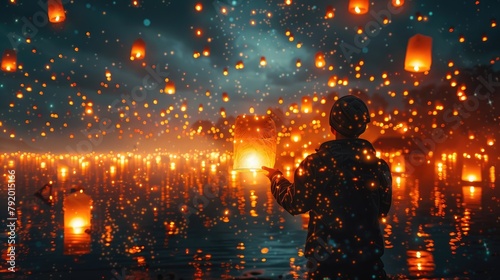 A person is holding a lantern. There are thousands of lanterns floating on a lake. The lanterns are lit up and the sky is dark.