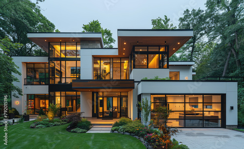 A sleek, modern house with large windows and white walls, nestled in the woods near Toronto. Created with Ai