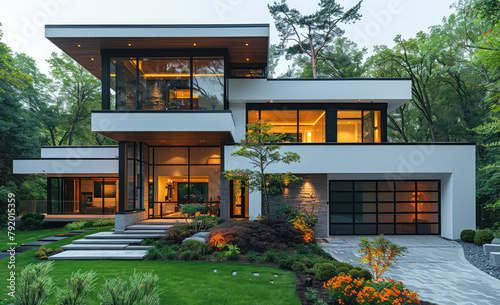 Modern house with white walls, glass windows and black frames, green lawn in front of the entrance, multilevel structure with two floors. Created with Ai photo