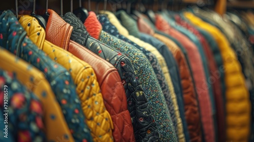 A rack of colorful jackets and coats in a store photo