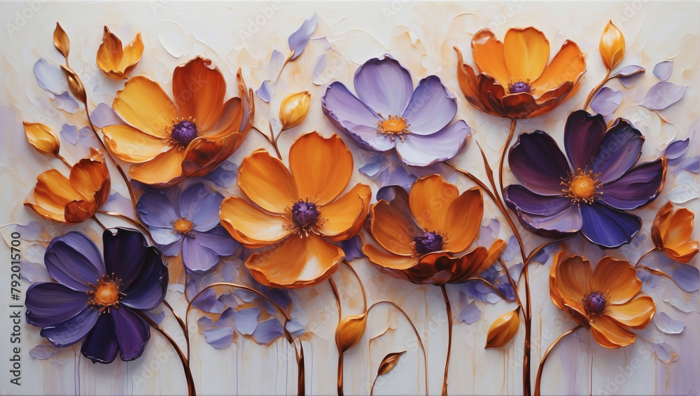Abstract oil painting of Amber and violet petals, flowers with copper lines, using a palette knife.