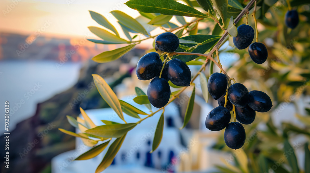Dark olives on the branch of an olive tree with sea and Greek island on the background Dark olives on the branch of an olive tree with sea and Greek island on the background