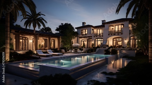 Luxury villa with swimming pool and palm trees at night