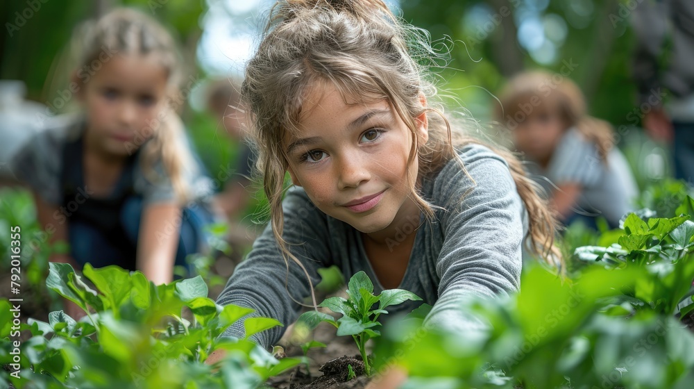 A young girl is planting seedlings in a garden.