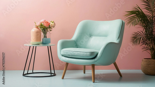 Comfortable and modern stylish armchair lounger standing over pastel color wall, Generative AI © White_Us