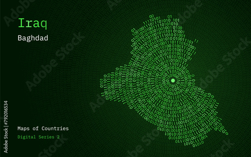 A map of Iraq depicted in zeros and ones in the form of a circle. The capital, Baghdad, is shown in the center of the circle