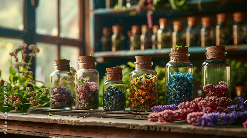 a shelf with a bunch of bottles filled with flowers and plants