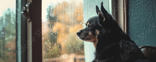 Cozy domestic scene of a loyal dog peering longingly through a rainy window, waiting and hoping. photo