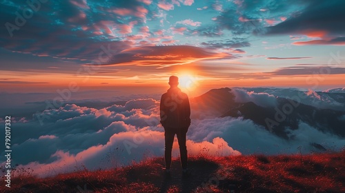 a man standing on top of a mountain with a sunset in the background