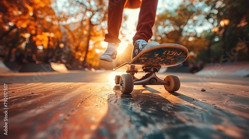 Low angle shot of a skateboarder doing an ollie in a skate park. photo