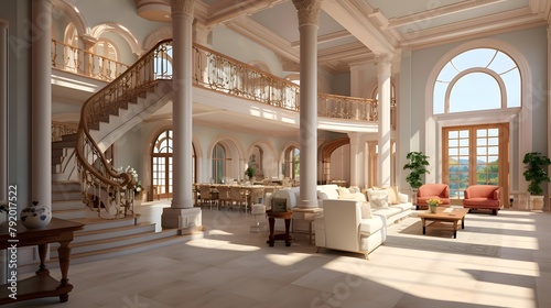 Luxury hotel interior. Panoramic view of the lobby of the hotel