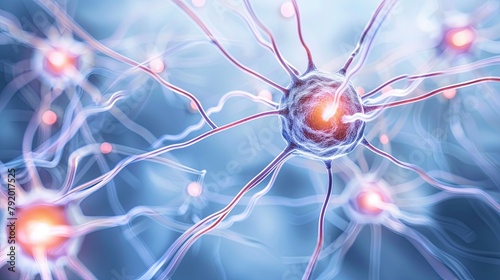 A sci-fi network of cells and futuristic alien bubbles. Neural connections to electrical impulses. Concept of complexity and mystery. Illustration for poster, cover, brochure or presentation.