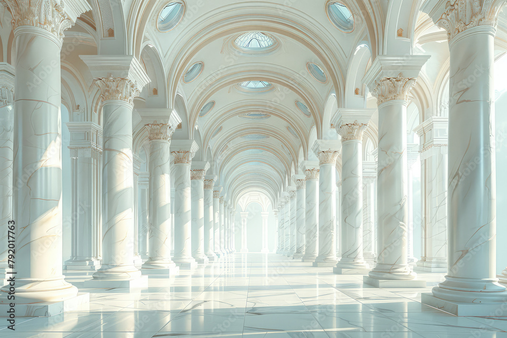 A white Greek-style palace with columns on both sides, light blue tones, and a large open space in the center of the picture. The perspective is from top to bottom. Created with Ai