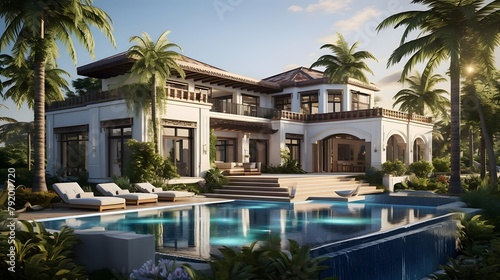 Panoramic view of a luxury villa with swimming pool. © Iman