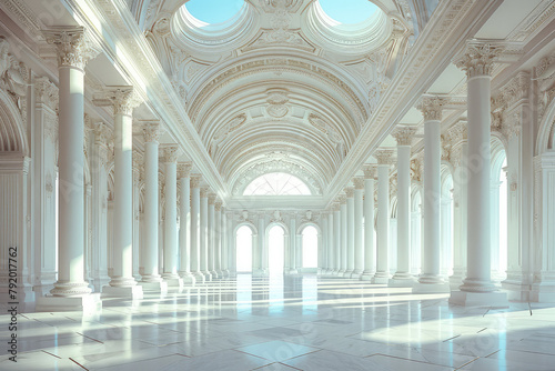  A white hall with tall columns and arches  all made of light blue marble. The smooth colored floor reflects the sunlight that shines through large windows on one side. Createdd with Ai