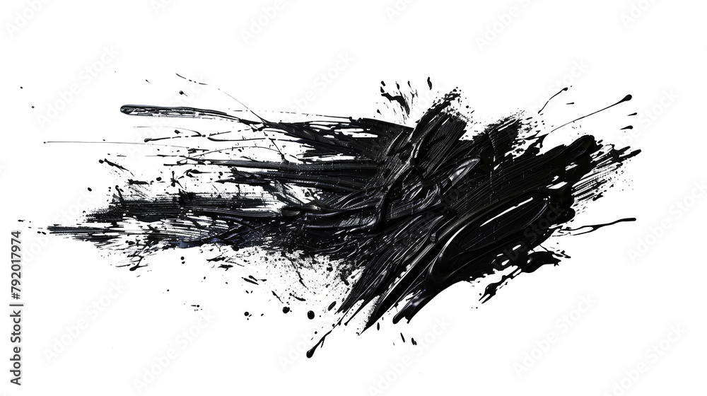 Abstract design featuring chaotic black paint splashes and brush strokes starkly isolated on white background, transparent