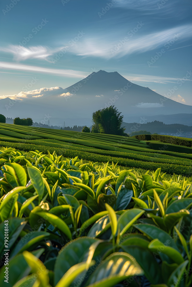 Tea plantation with detail of tea leaves Tea plantation with detail of tea leaves