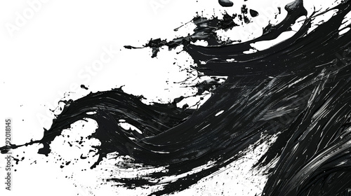 Abstract design featuring chaotic black paint splashes and brush strokes starkly isolated on white background  transparent