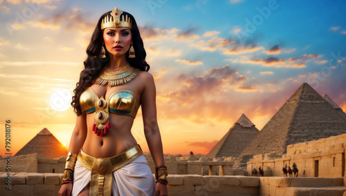 Cleopatra in front of the pyramids of Egypt
