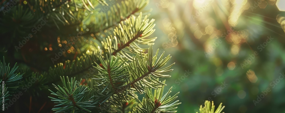 Dew drops glisten on the vibrant green needles of a pine tree, illuminated by soft sunlight filtering through.