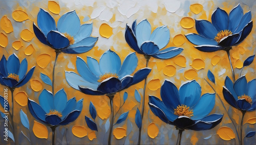 Abstract oil painting of Indigo and mustard petals, flowers with pewter lines, using a palette knife.