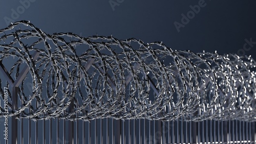 Barbed wire metal fence - close up - 3D illustration - grey background