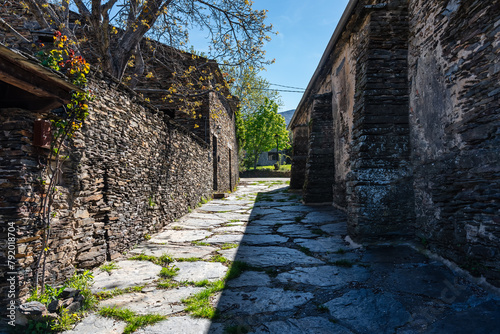 Picturesque streets with stone houses on the route of black villages Guadaljara, Majaelrayo.