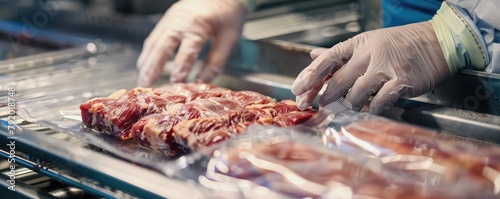 A professional butcher in a sanitized environment cleanly packages raw steak cuts in plastic trays. photo