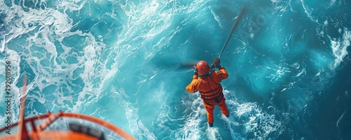 ocean rescue captured from above, showing a helicopter hovering over churning ocean waters with a rescuer being lowered. photo