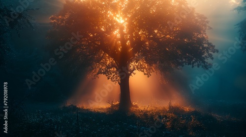 a sun shines through the leaves of a tree in the forest