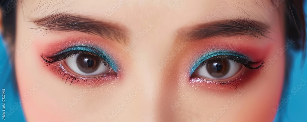 Naklejka premium close-up of a woman's eye adorned with colorful, fine glitter makeup, highlighting the details in her eye.