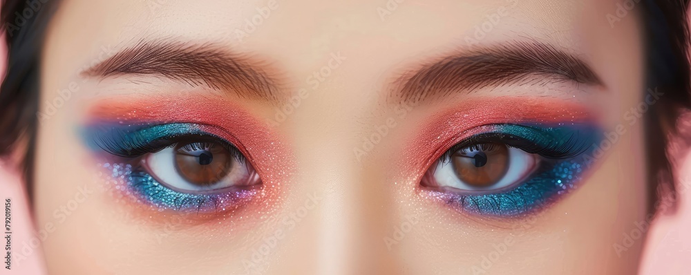close-up of a woman's eye adorned with colorful, fine glitter makeup, highlighting the details in her eye. close-up of a woman's eye adorned with colorful, fine glitter makeup, highlighting the details in her eye.