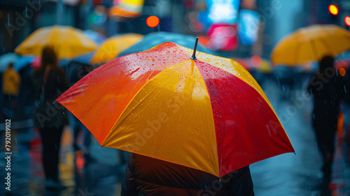 Colorful umbrella on a rainy city street with passing pedestrians. Rainy urban life and weather concept. Vibrant cityscape photograph
