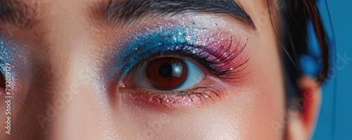 close-up of a woman's eye adorned with colorful, fine glitter makeup, highlighting the details in her eye. photo