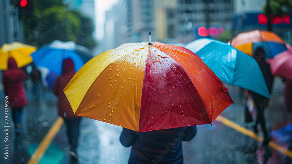 Colorful umbrellas on wet city street with blurred pedestrians. Rainy day and urban street life concept. Vibrant cityscape photo