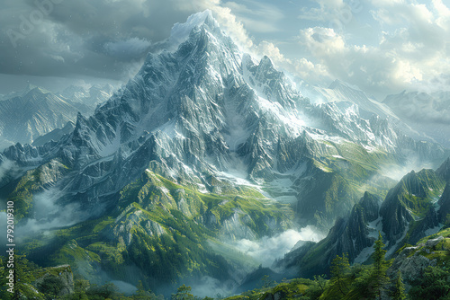 An epic fantasy art style landscape painting of the top half of a snowy mountain range. Created with Ai © AllAbout
